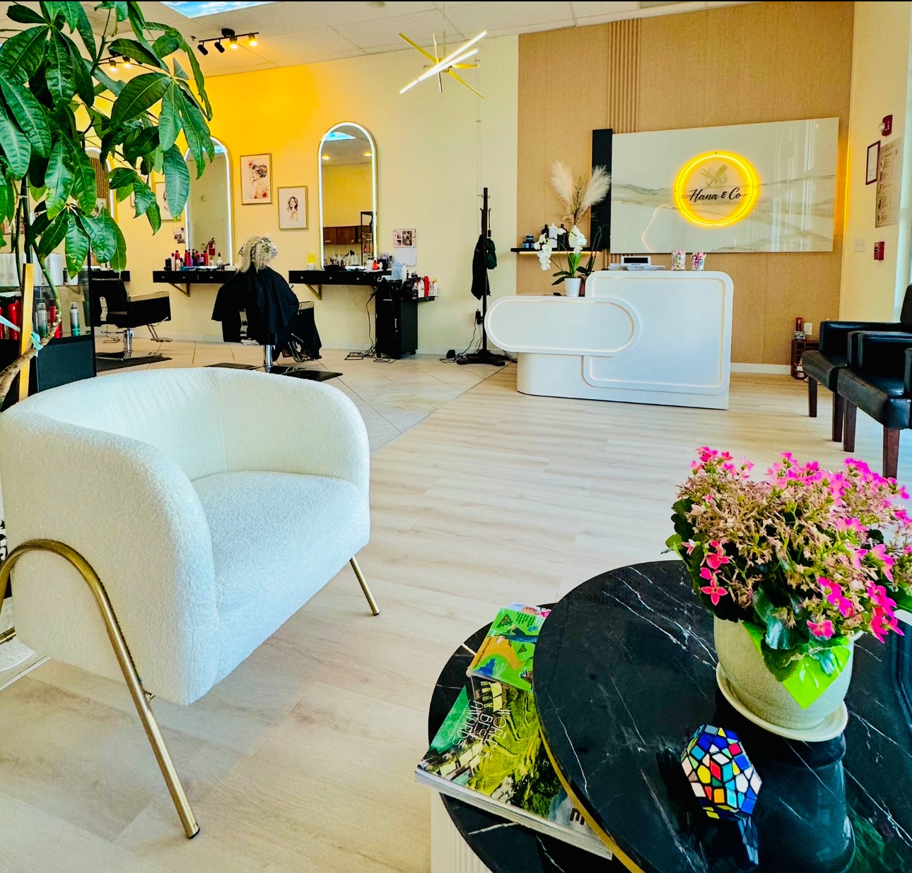The bright, elegant interior of Hana and Co Hair Salon